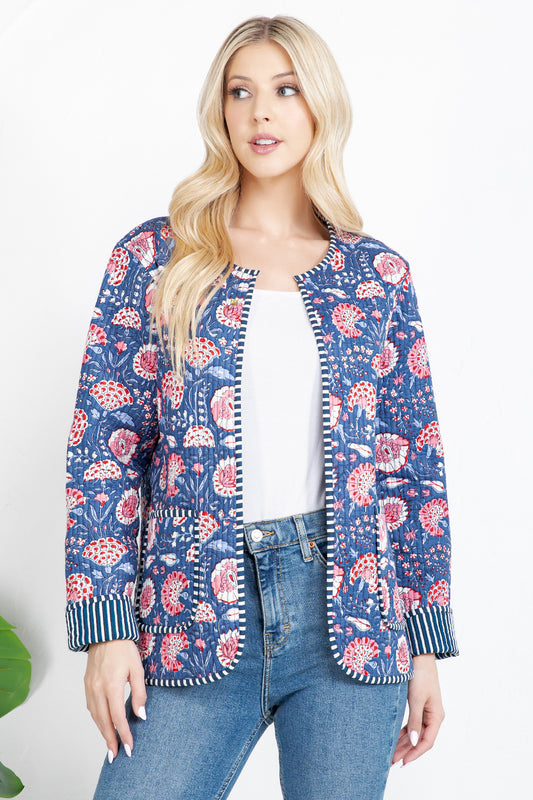 Floral Quilted Cotton Jacket - Blue