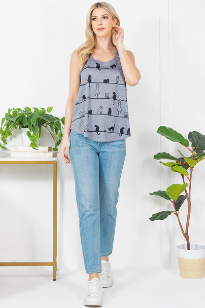 Playful Cat Print Graphic Tanktop