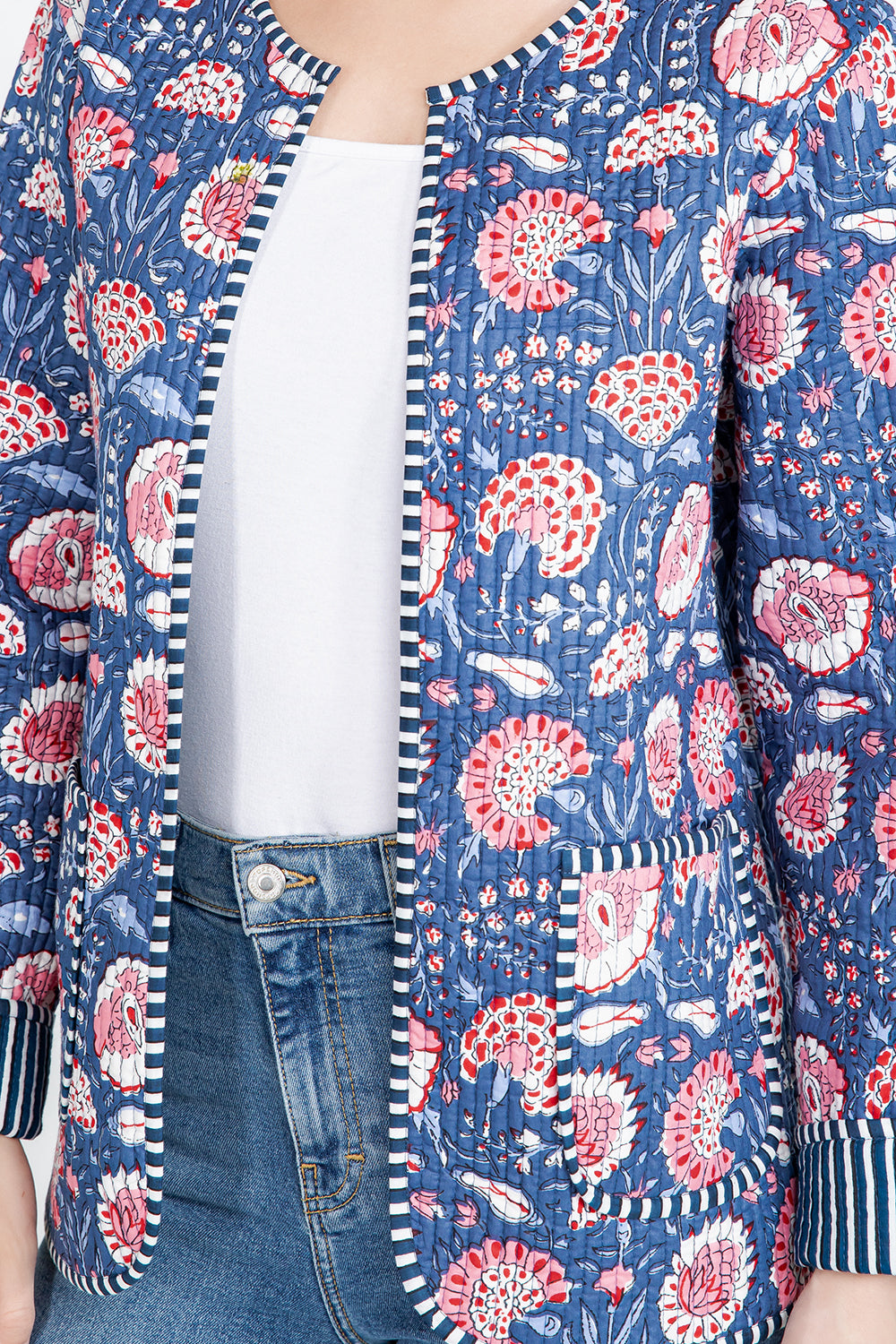 Floral Quilted Cotton Jacket - Blue