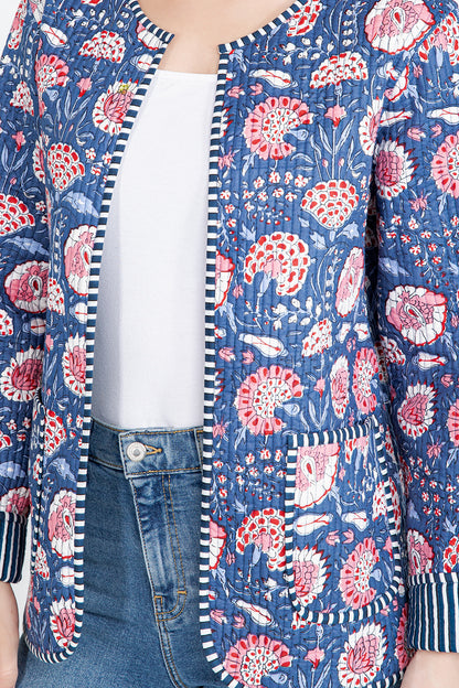Floral Quilted Cotton Jacket - Blue