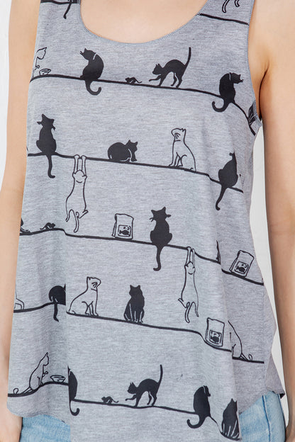 Playful Cat Print Graphic Tanktop