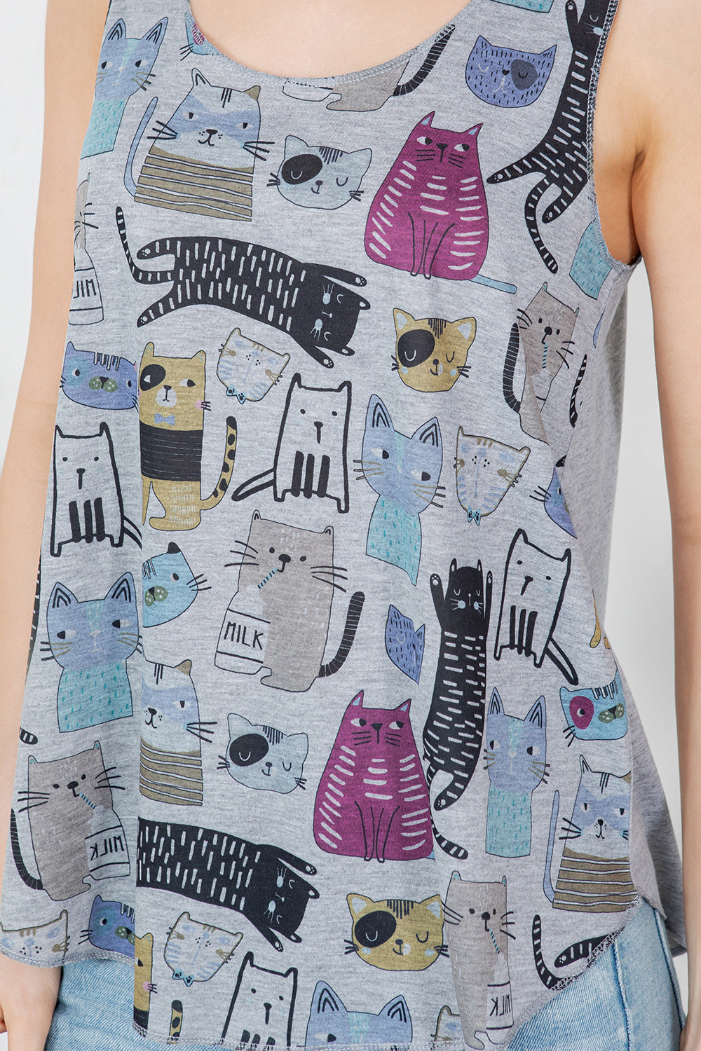 Playful Cat Print Graphic Tanktop