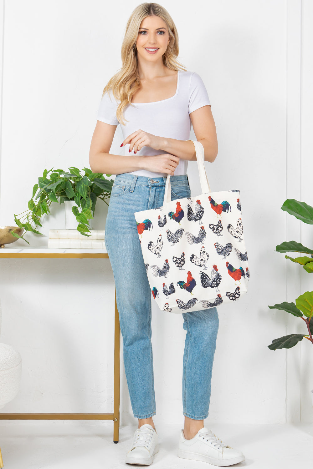 Colorful Chicken Print Canvas Tote bag