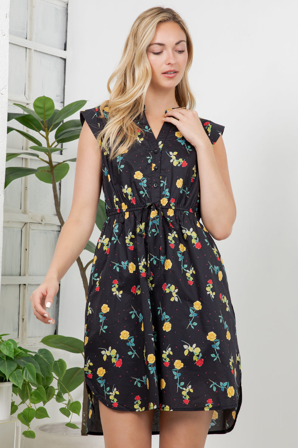 Color Rose With Stem Print Dress