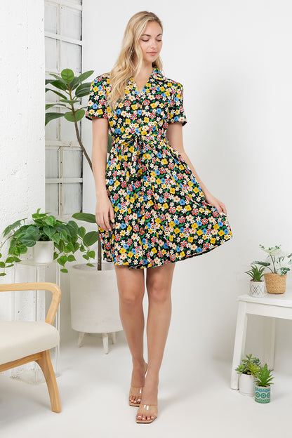 Colorful Floral Print Retro Shirt Dress