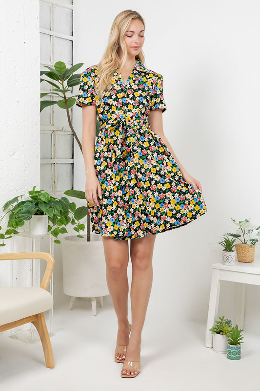 Colorful Floral Print Retro Shirt Dress