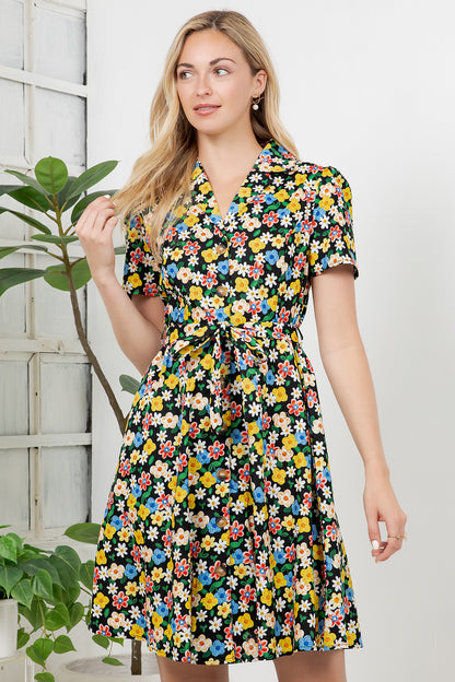 Colorful Floral Print Retro Shirt Dress