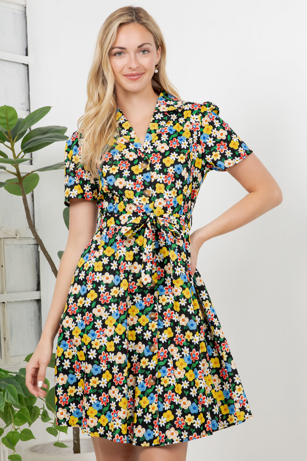 Colorful Floral Print Retro Shirt Dress