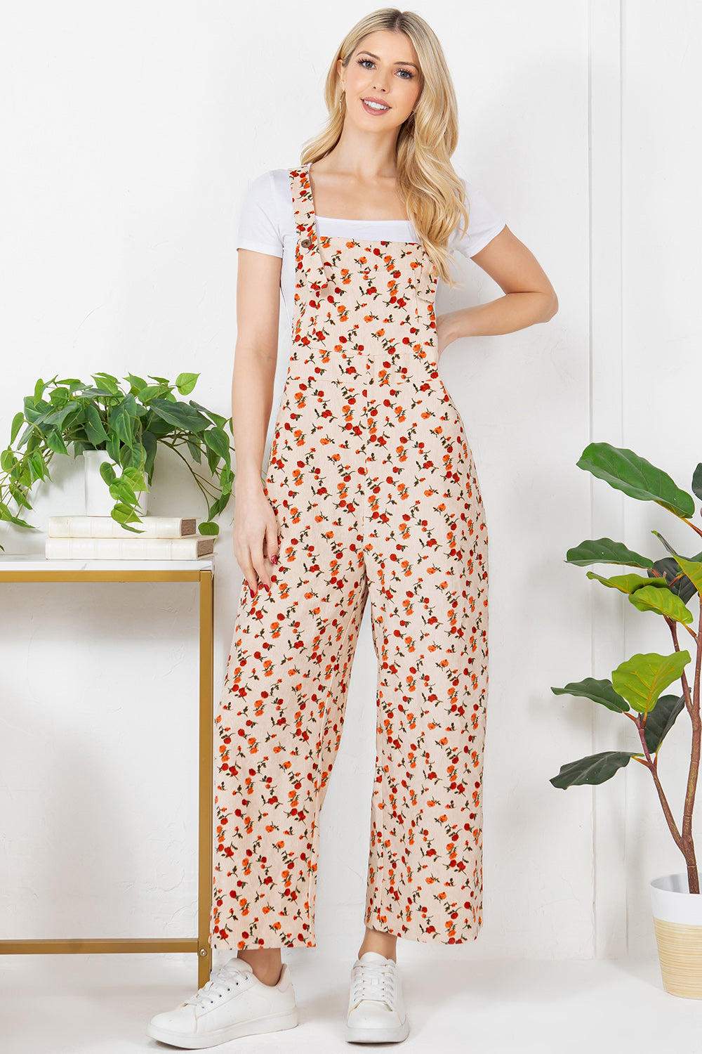 Floral Print Corduroy Overall