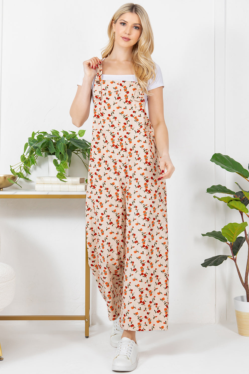 Floral Print Corduroy Overall