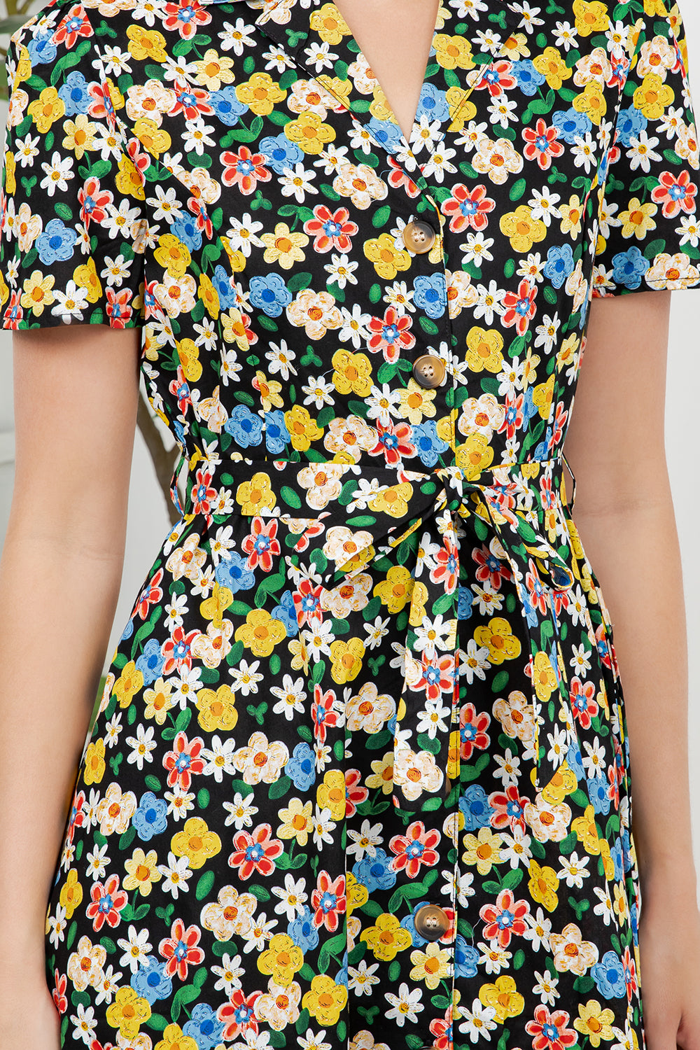 Colorful Floral Print Retro Shirt Dress
