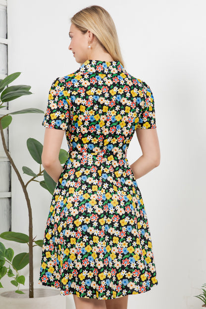 Colorful Floral Print Retro Shirt Dress