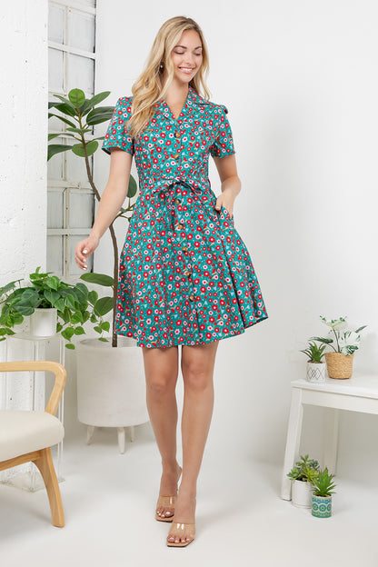 Colorful Floral Print Retro Shirt Dress