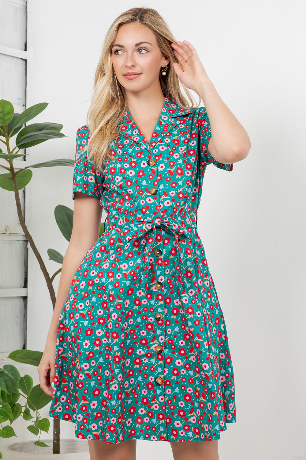 Colorful Floral Print Retro Shirt Dress