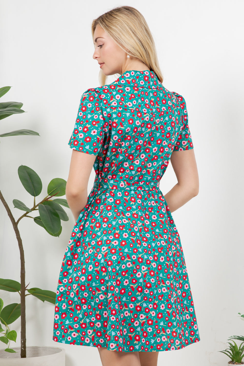 Colorful Floral Print Retro Shirt Dress
