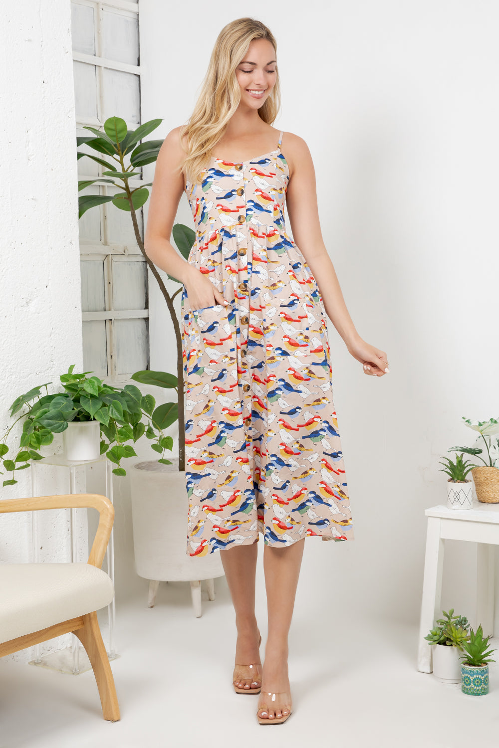 Colorful Bird Print Cami Dress