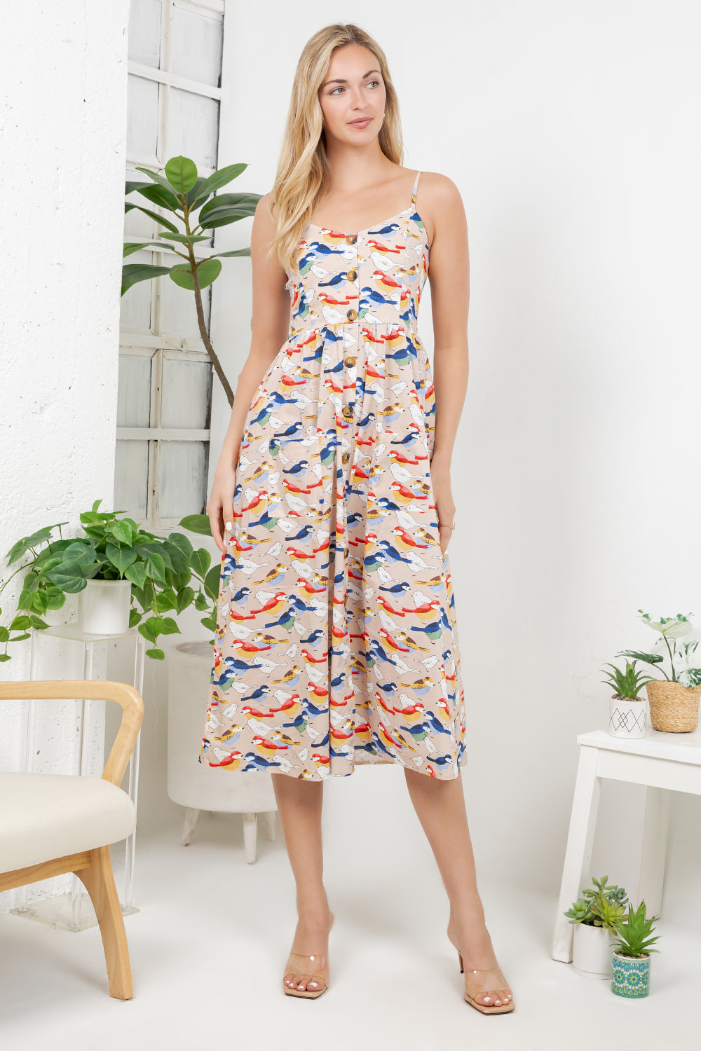 Colorful Bird Print Cami Dress