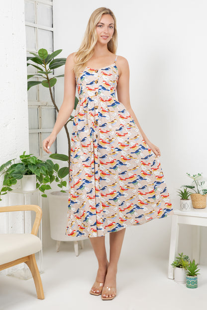 Colorful Bird Print Cami Dress