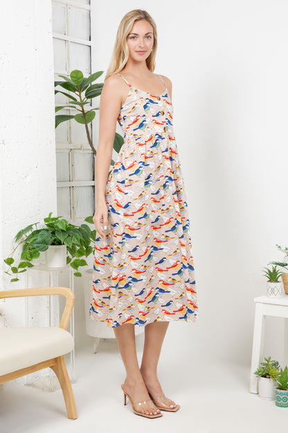 Colorful Bird Print Cami Dress