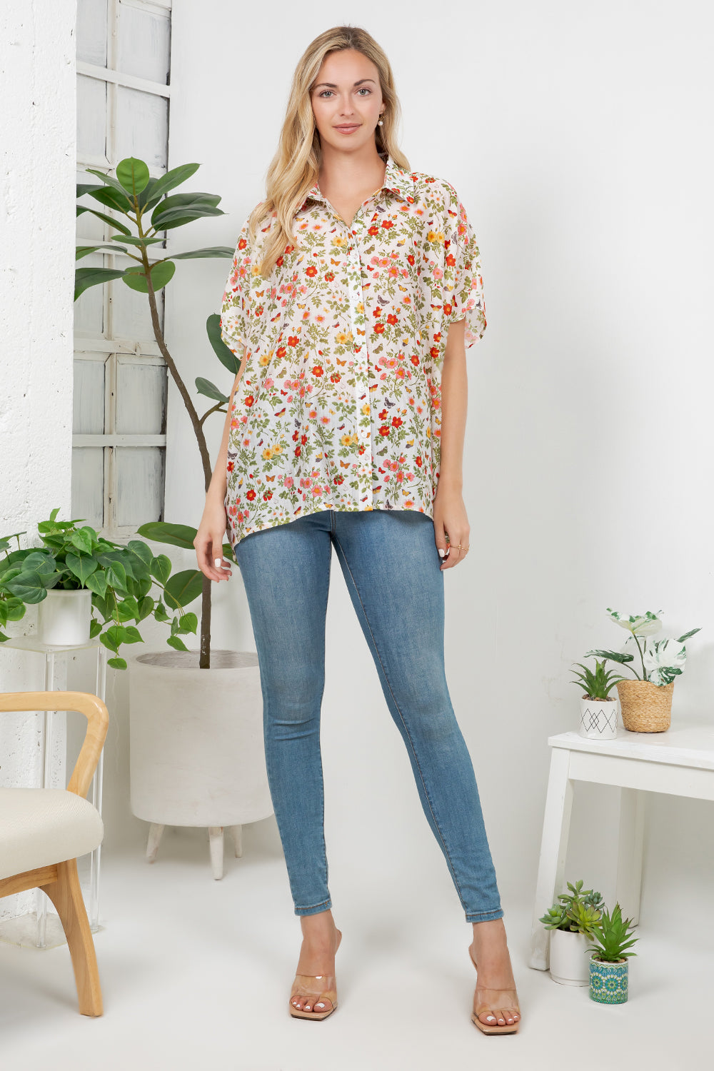 Colorful Floral Garden Print Loose Shirt