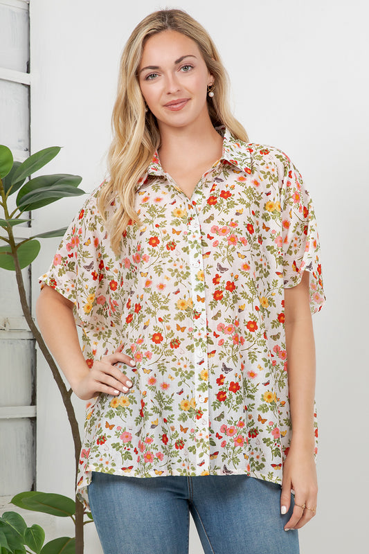 Colorful Floral Garden Print Loose Shirt