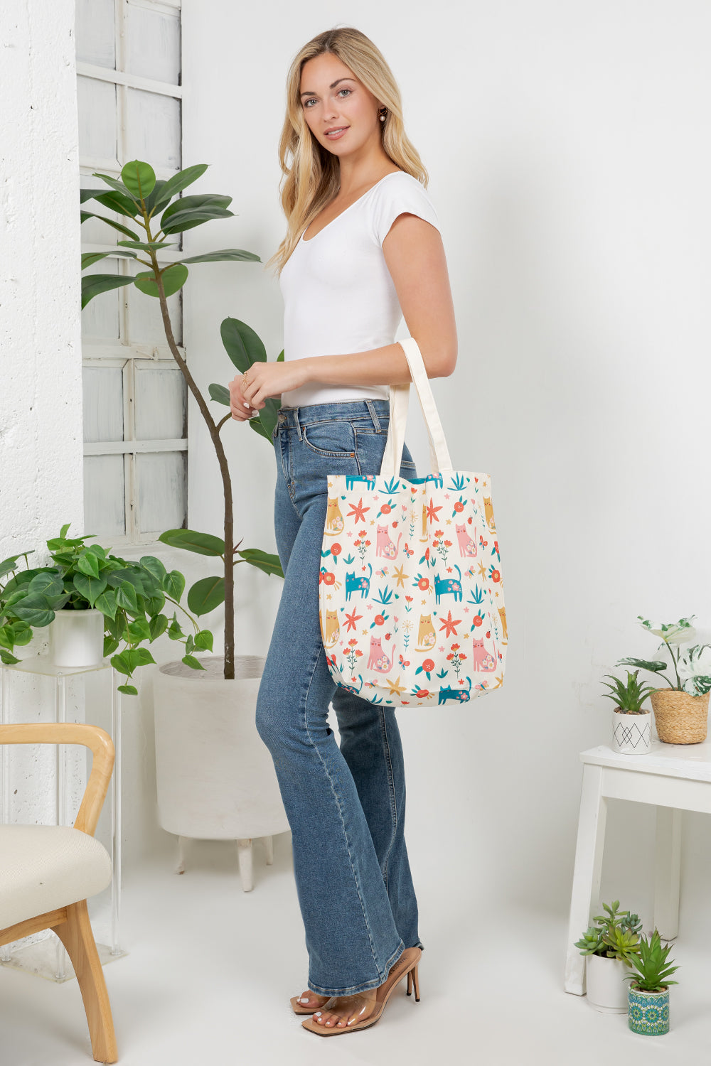 Floral Cats Canvas Tote Bag