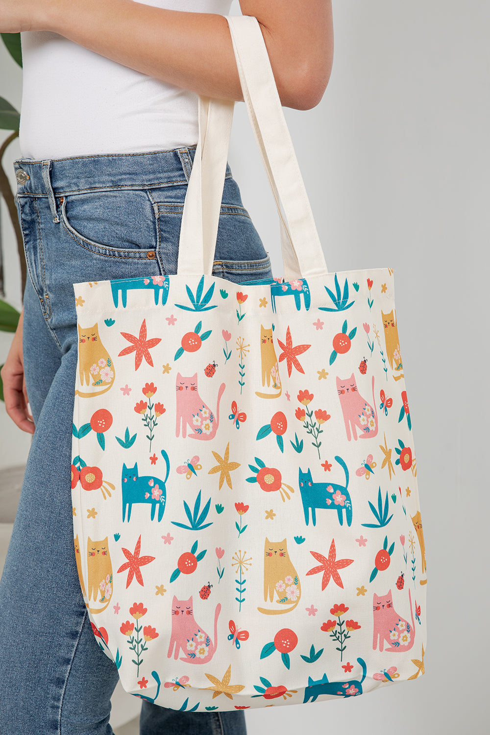 Floral Cats Canvas Tote Bag
