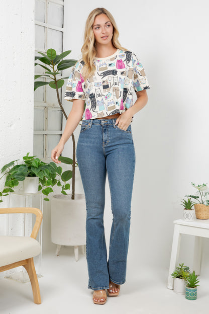 Colorful Cat Print Crop Top