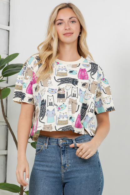 Colorful Cat Print Crop Top