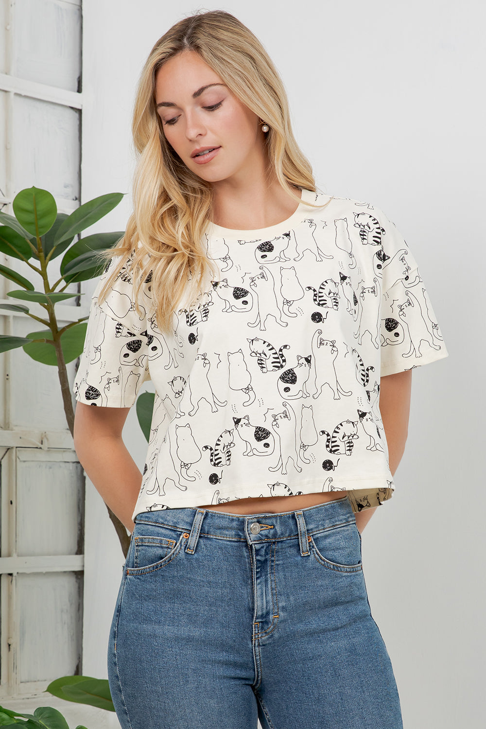 Dancing Cat Print Cotton Crop Top