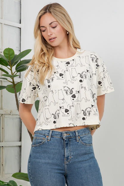 Dancing Cat Print Cotton Crop Top