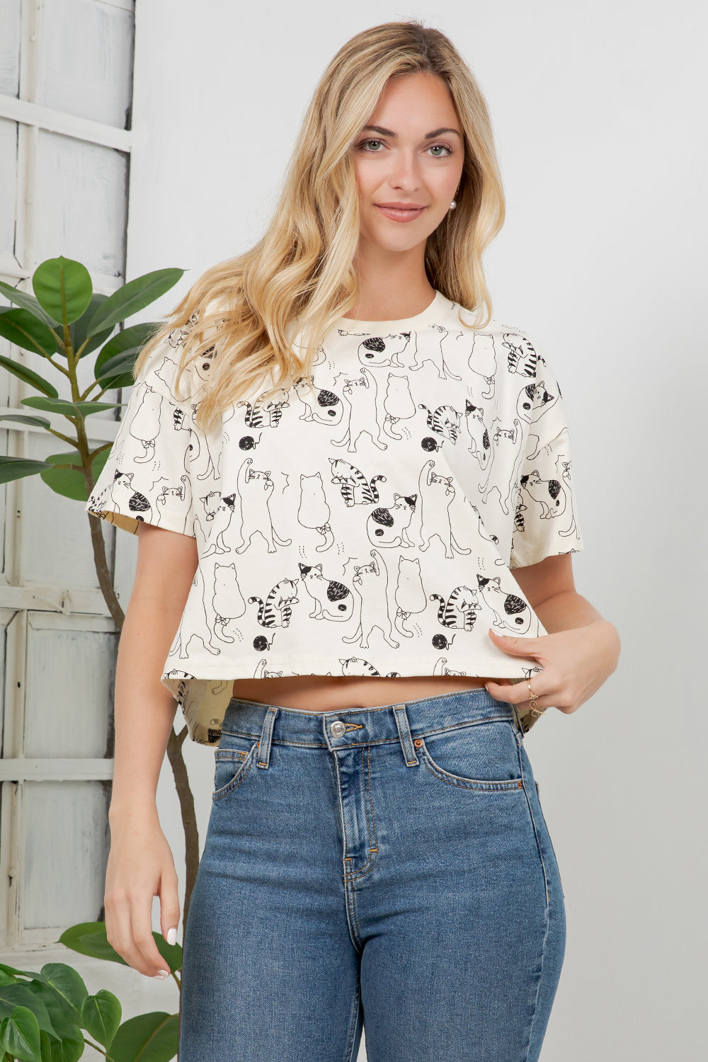 Dancing Cat Print Cotton Crop Top