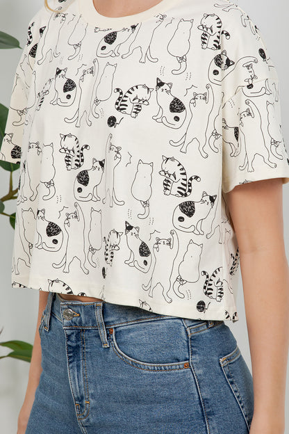 Dancing Cat Print Cotton Crop Top