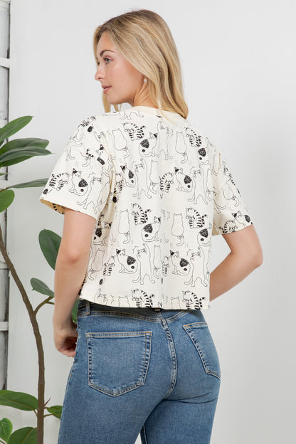 Dancing Cat Print Cotton Crop Top