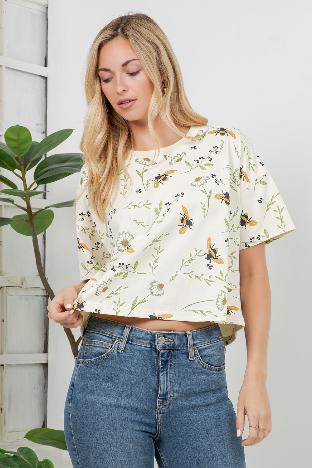 Floral Bee Print Cotton Crop Top