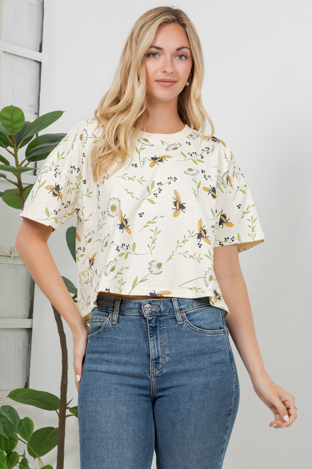 Floral Bee Print Cotton Crop Top