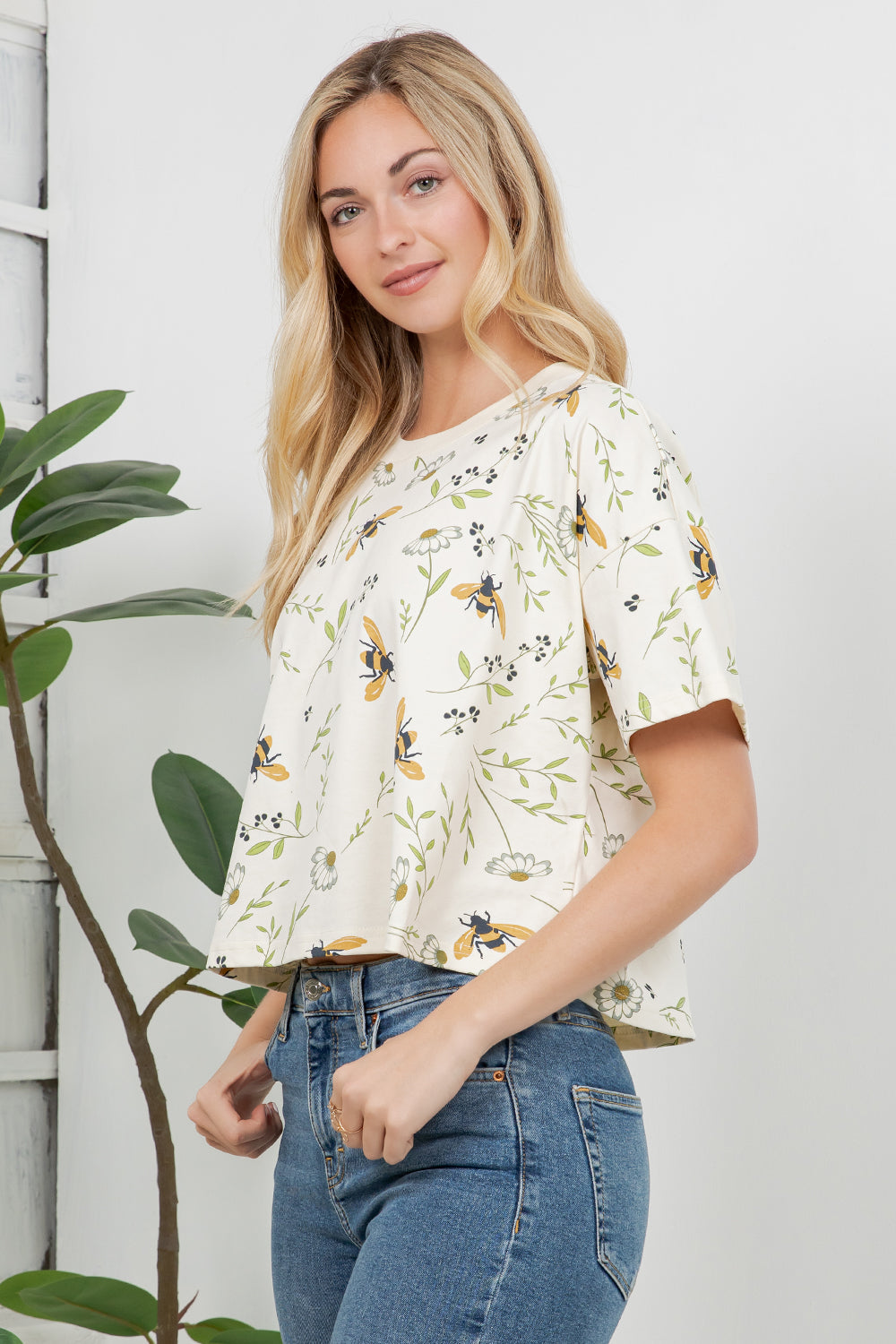 Floral Bee Print Cotton Crop Top