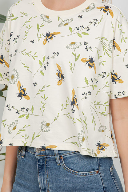 Floral Bee Print Cotton Crop Top