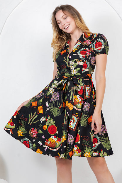 FRIDA PRINT COTTON DRESS - BLACK