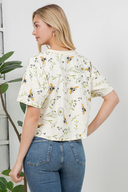 Floral Bee Print Cotton Crop Top