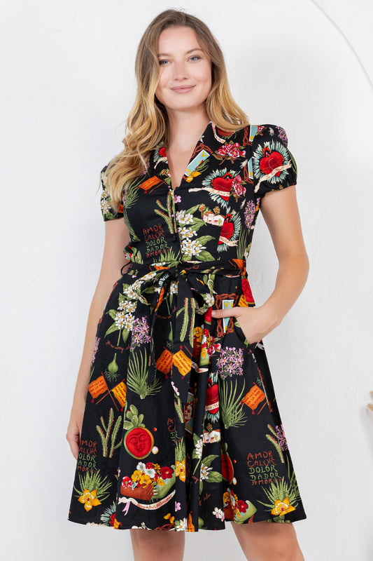 FRIDA PRINT COTTON DRESS - BLACK