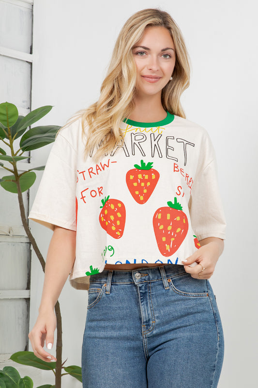Strawberry Print Cotton Crop Top