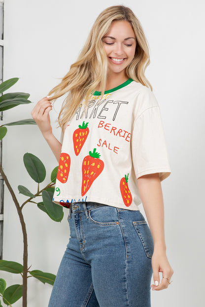 Strawberry Print Cotton Crop Top