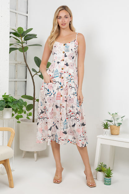 Bird With Cage Print Cami Dress