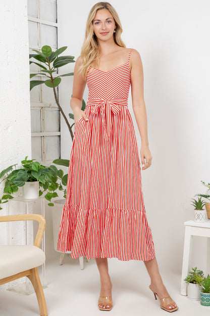 Stripe Print Maxi Dress - Red