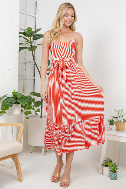 Stripe Print Maxi Dress - Red