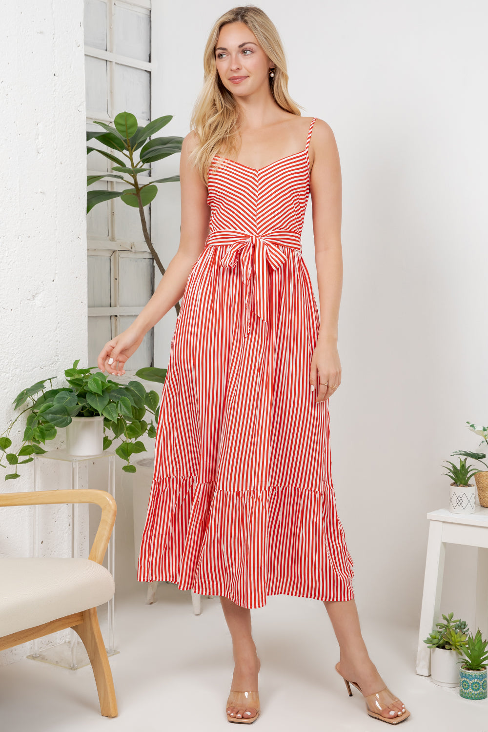 Stripe Print Maxi Dress - Red