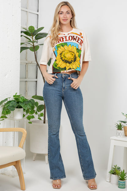 Sunflower Print Cotton Crop Top