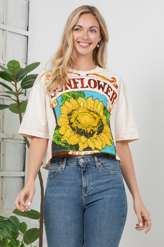 Sunflower Print Cotton Crop Top