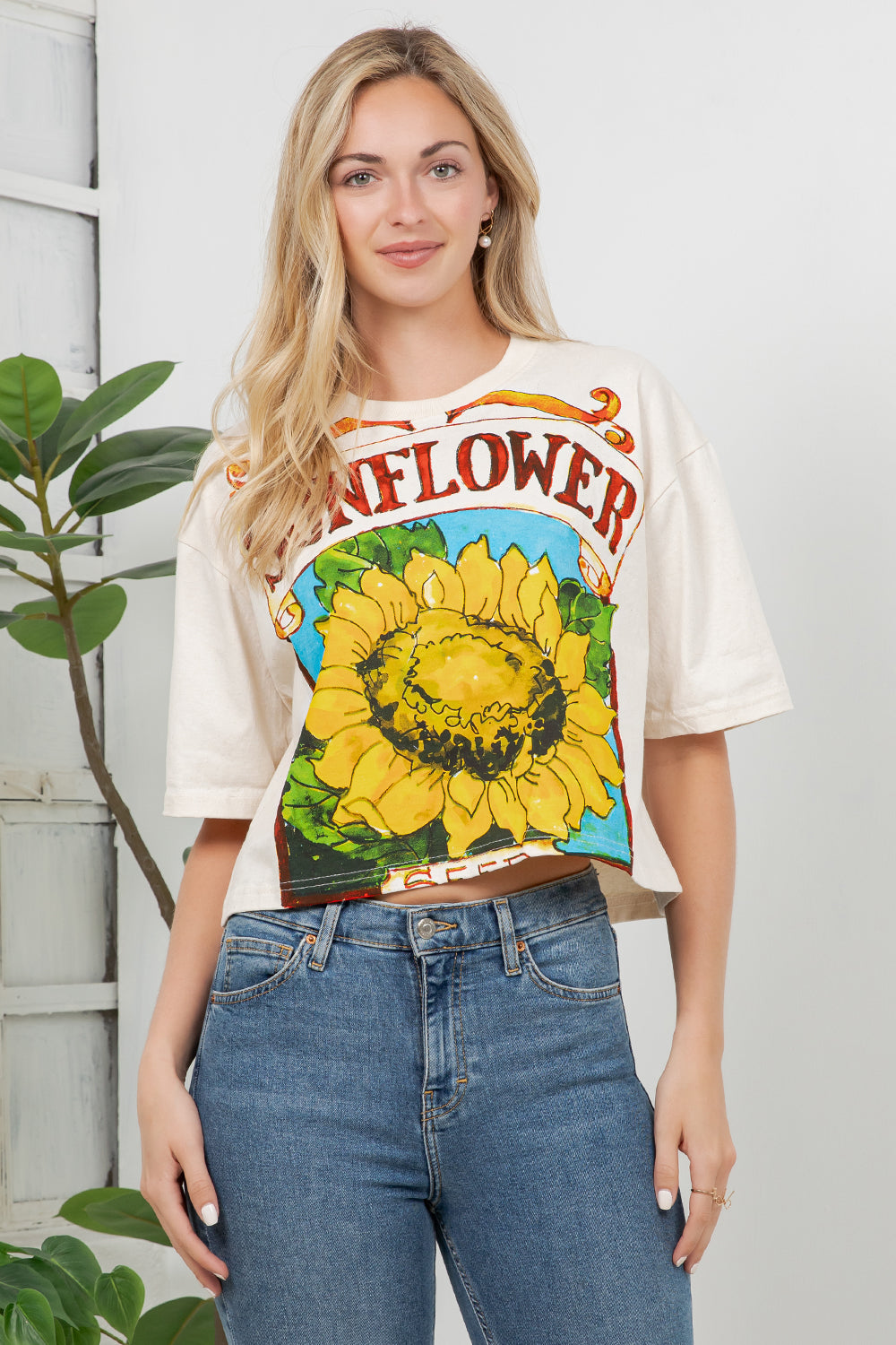 Sunflower Print Cotton Crop Top